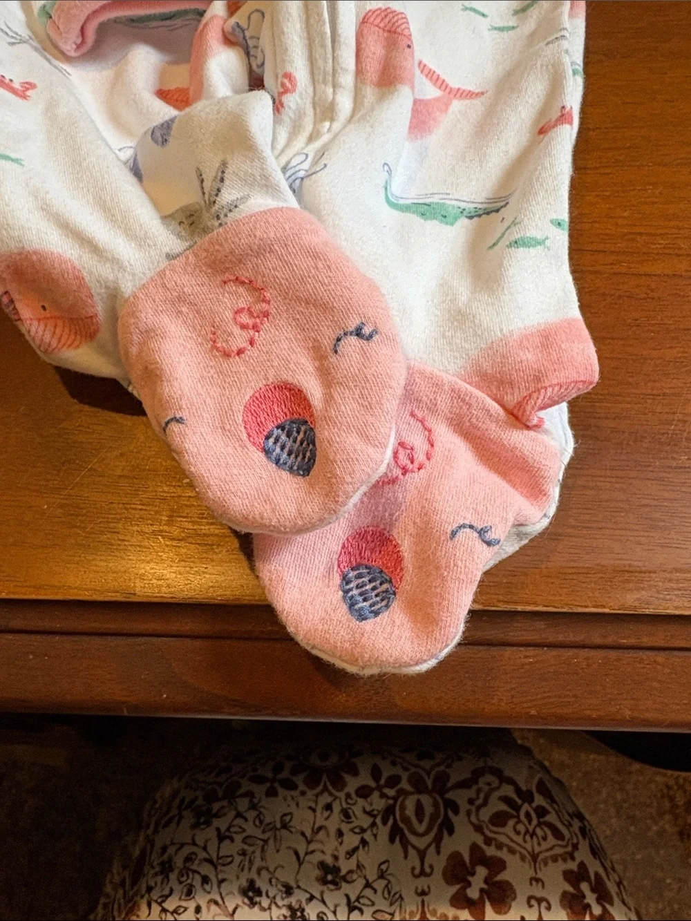 Carter's White One-Piece Footed Pajamas with Pink & Green Ocean Print